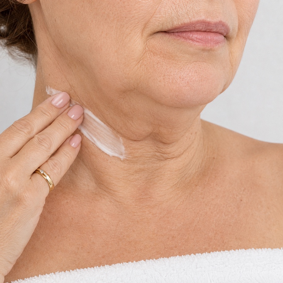 Piel del cuello aplicando la crema
