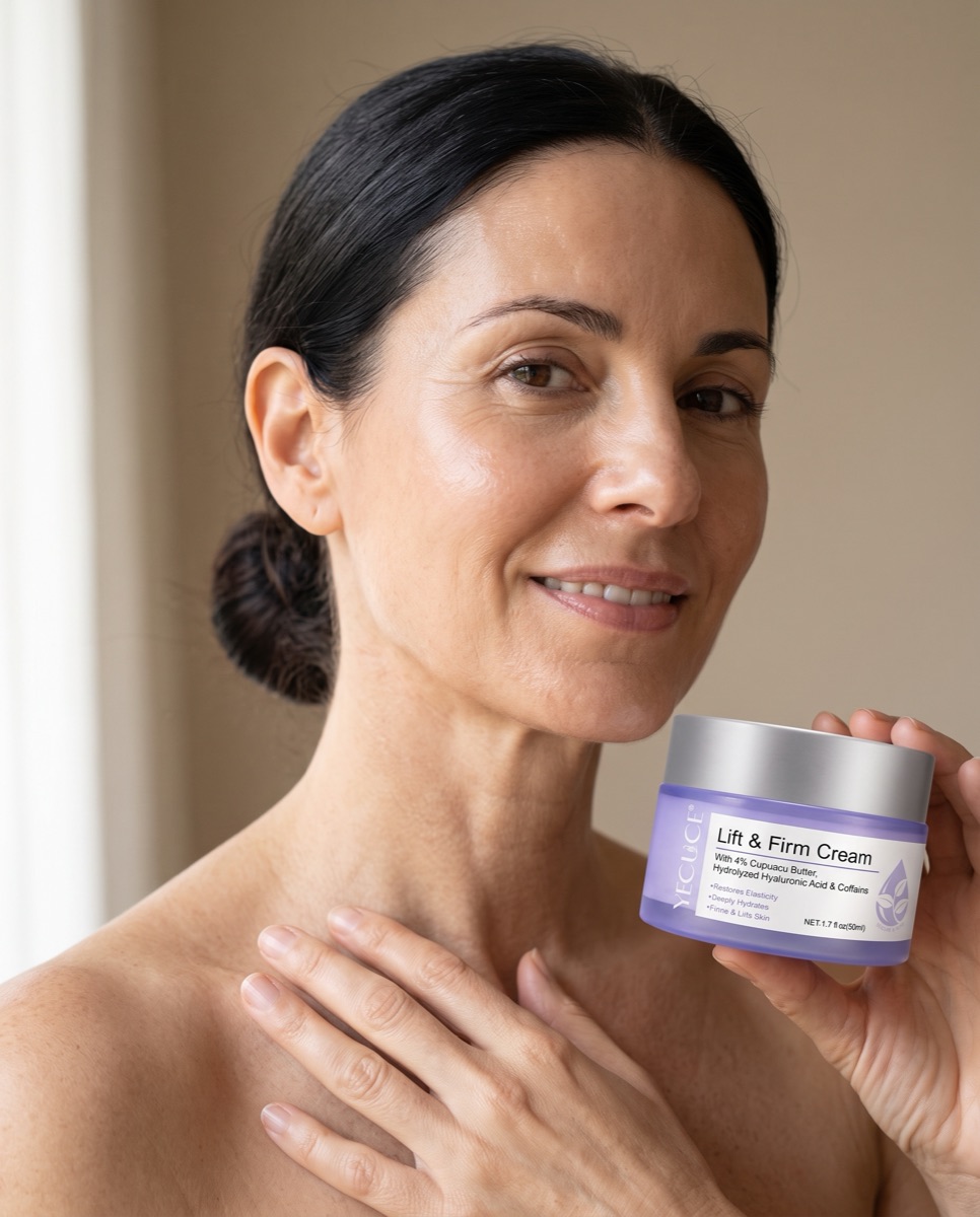 Mujer sosteniendo el tarro de Lift & Firm Cream junto al cuello