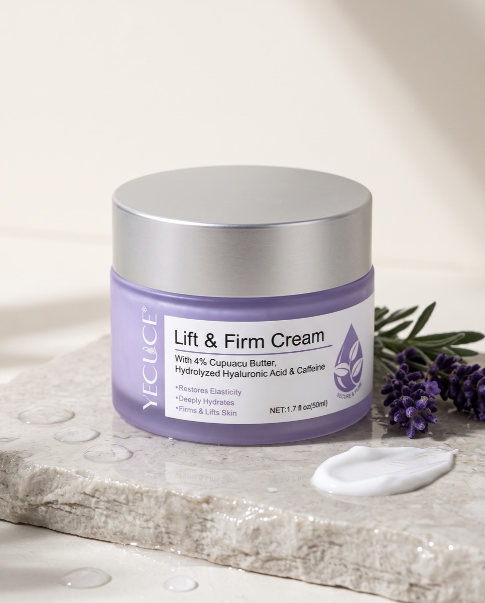 Tarro de Lift & Firm Cream de YECUCE con flores de lavanda