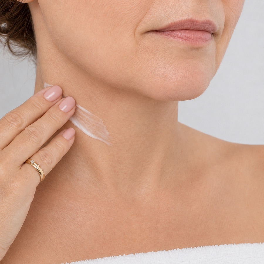 Piel del cuello cuidada, con la crema aplicada